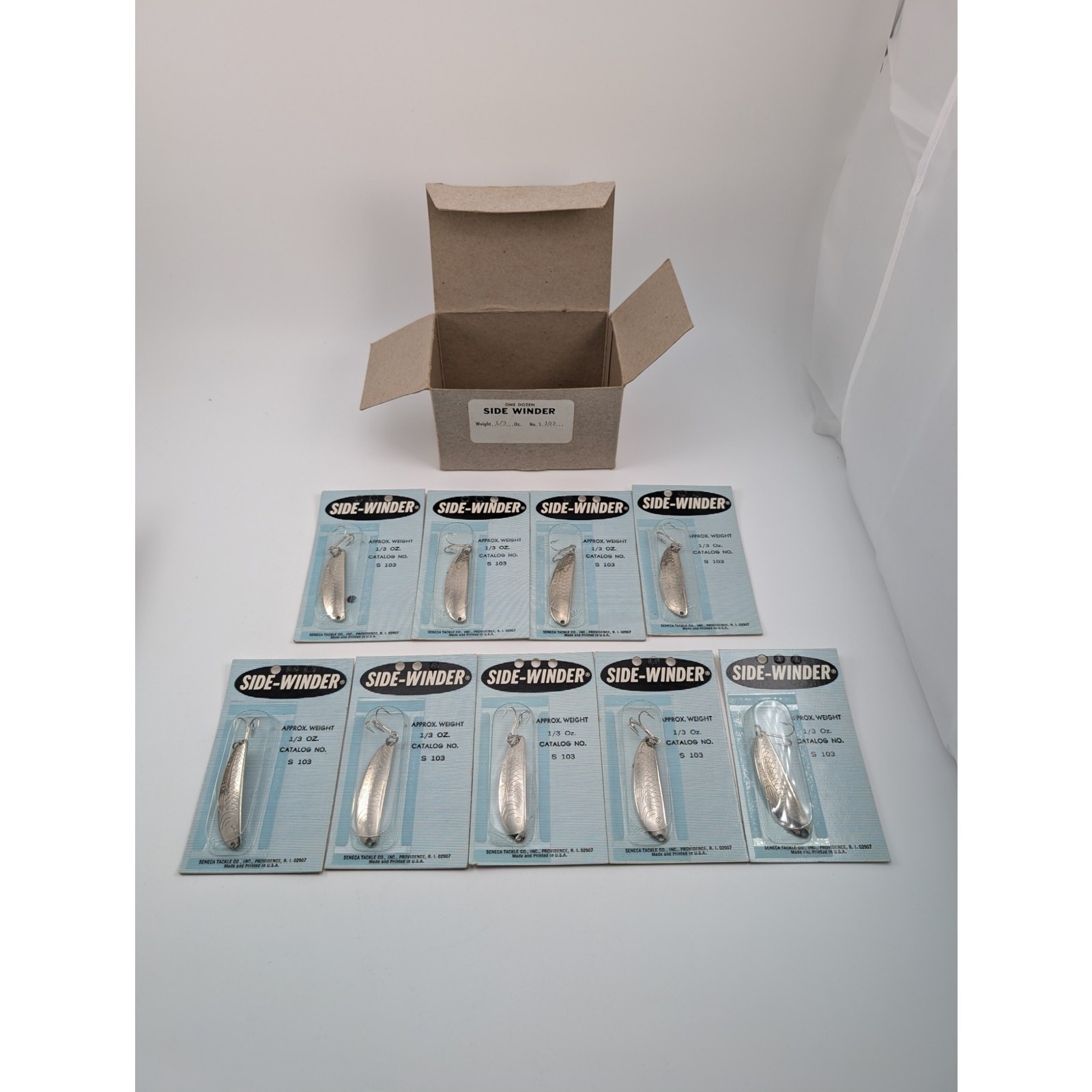 9 Vintage Seneca Tackle Co Side-Winder Spoon Lures on Display Card NOS - S 103 -