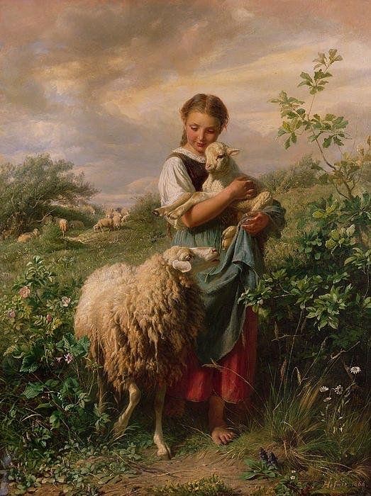 High quality Handmade Old Master-Art Antique Oil Painting girl women sheep
