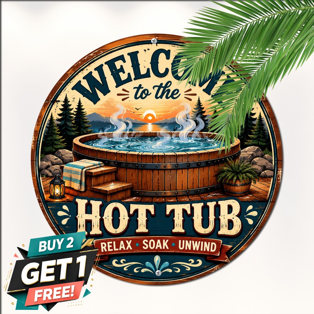 Welcome To My Hot Tub Hanging Round Metal Sign Humorous Pool Bathroom Tin Plaque