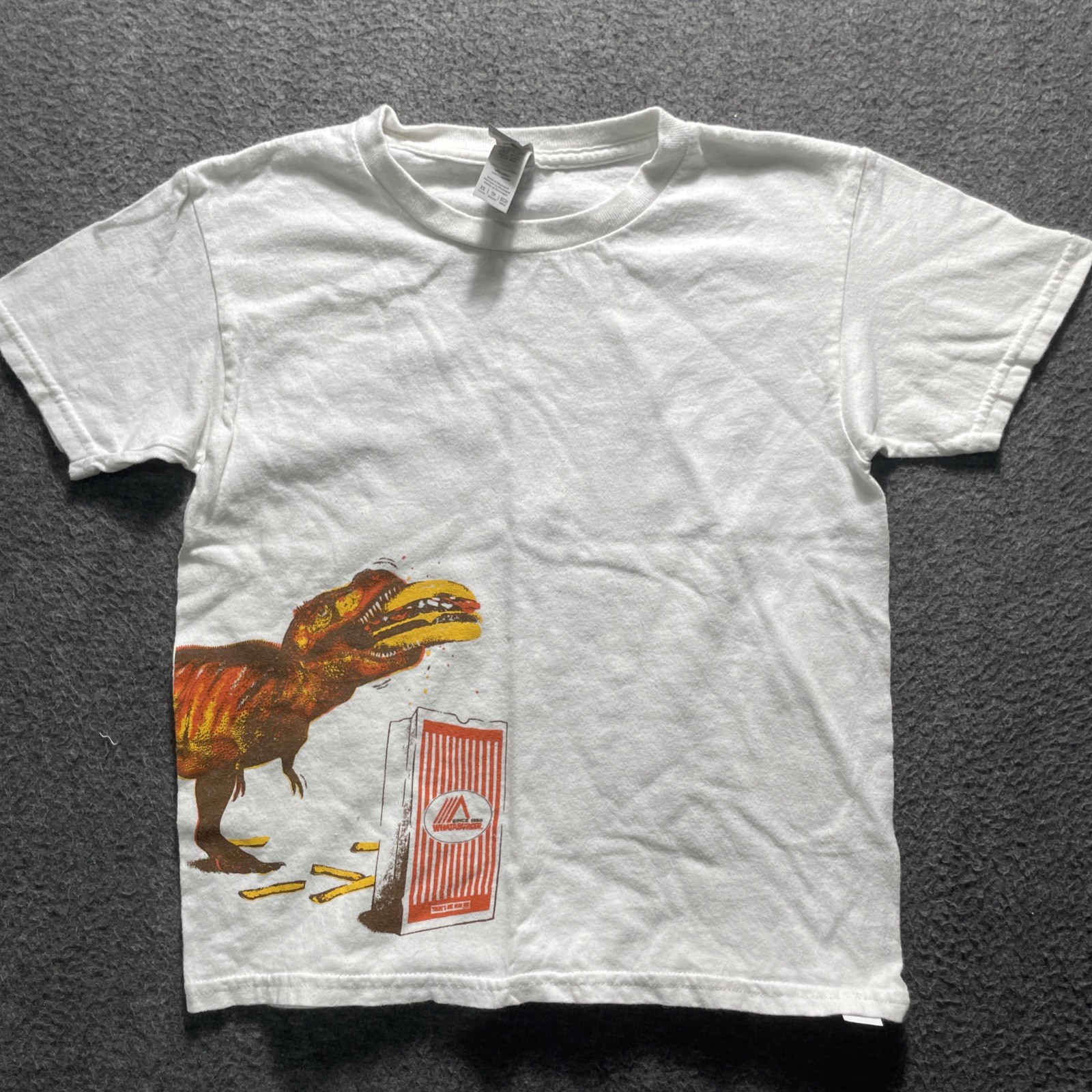 Whataburger Dinosaur T-Rex Shirt Youth Child XS White Cotton Advertising Promo Whataburger Dinosaur T-Rex Shirt Youth Child XS White Cotton Advertising Promo