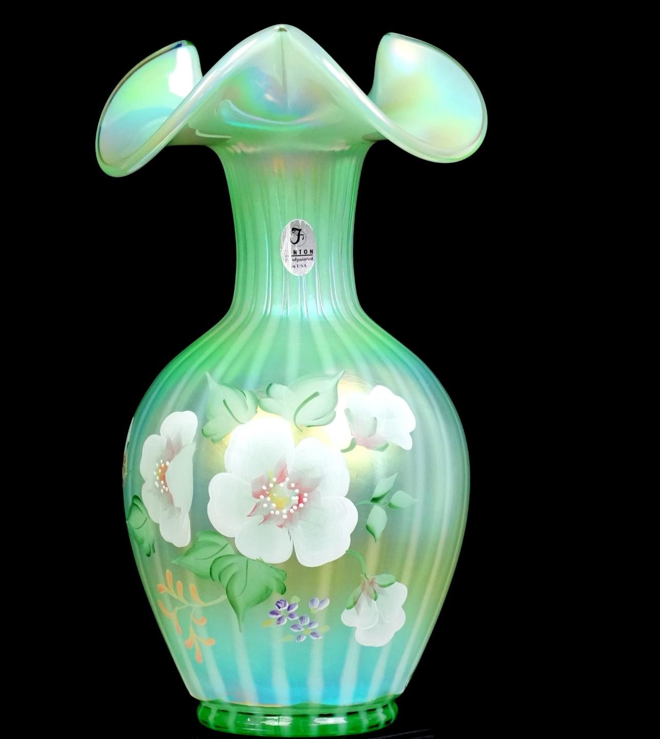 Fenton 95th Anniversary Sea Foam Green Rib Optic Opalescent 9 1/4