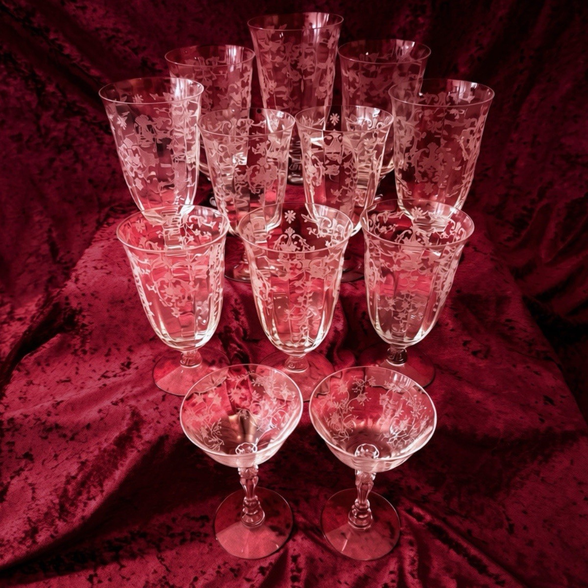 Tiffin Cherokee Rose #17403 Etched Glass Stemware 12 Pc Vintage Set