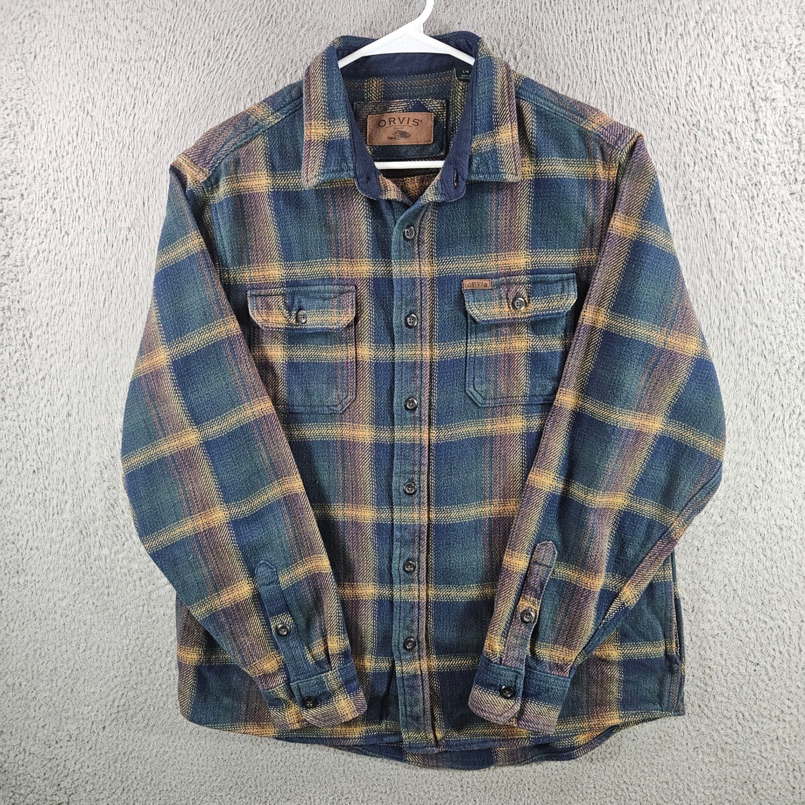 Orvis Classic Collection Mens Large Plaid Flannel Shirt Jacket Blue Gold Cotton