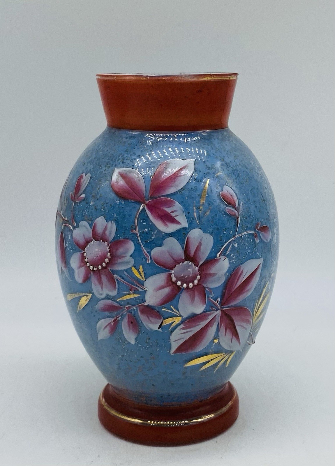 ca.1880’s Bohemian HARRACH TRANSLUCENT GLASS VASE W/ Enamel Silver Mica