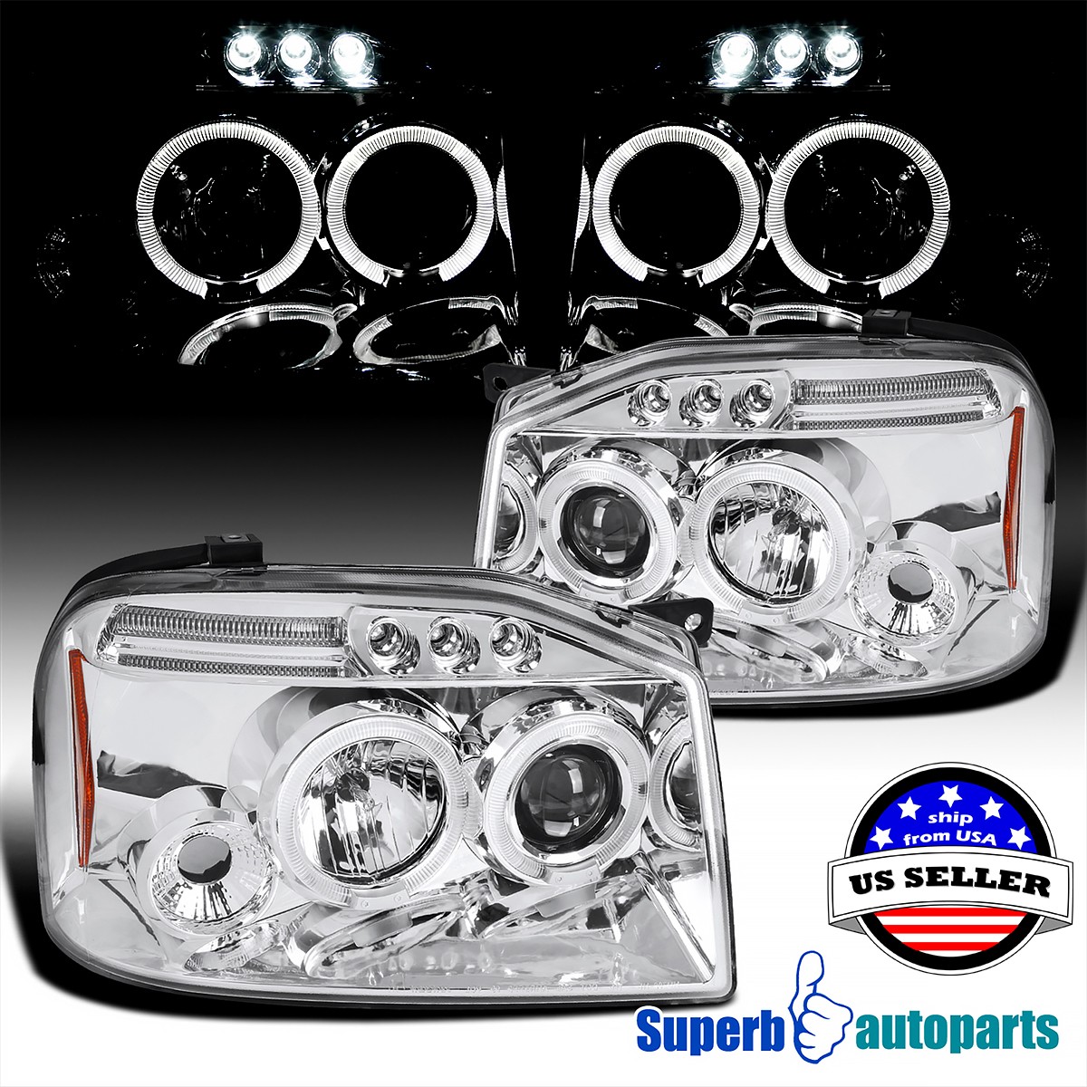 Fits 2001-2004 Frontier Halo Projector Headlights LED Bar Head Lamp