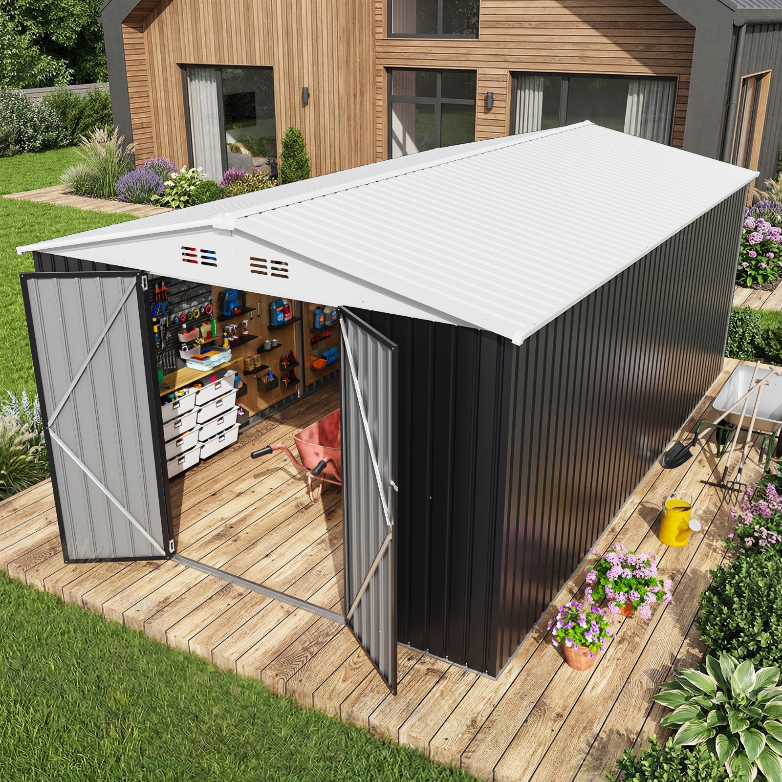 10x16FT Outdoor Metal Storage Shed with 4 Air Vents ,Lockable Door, White Roof