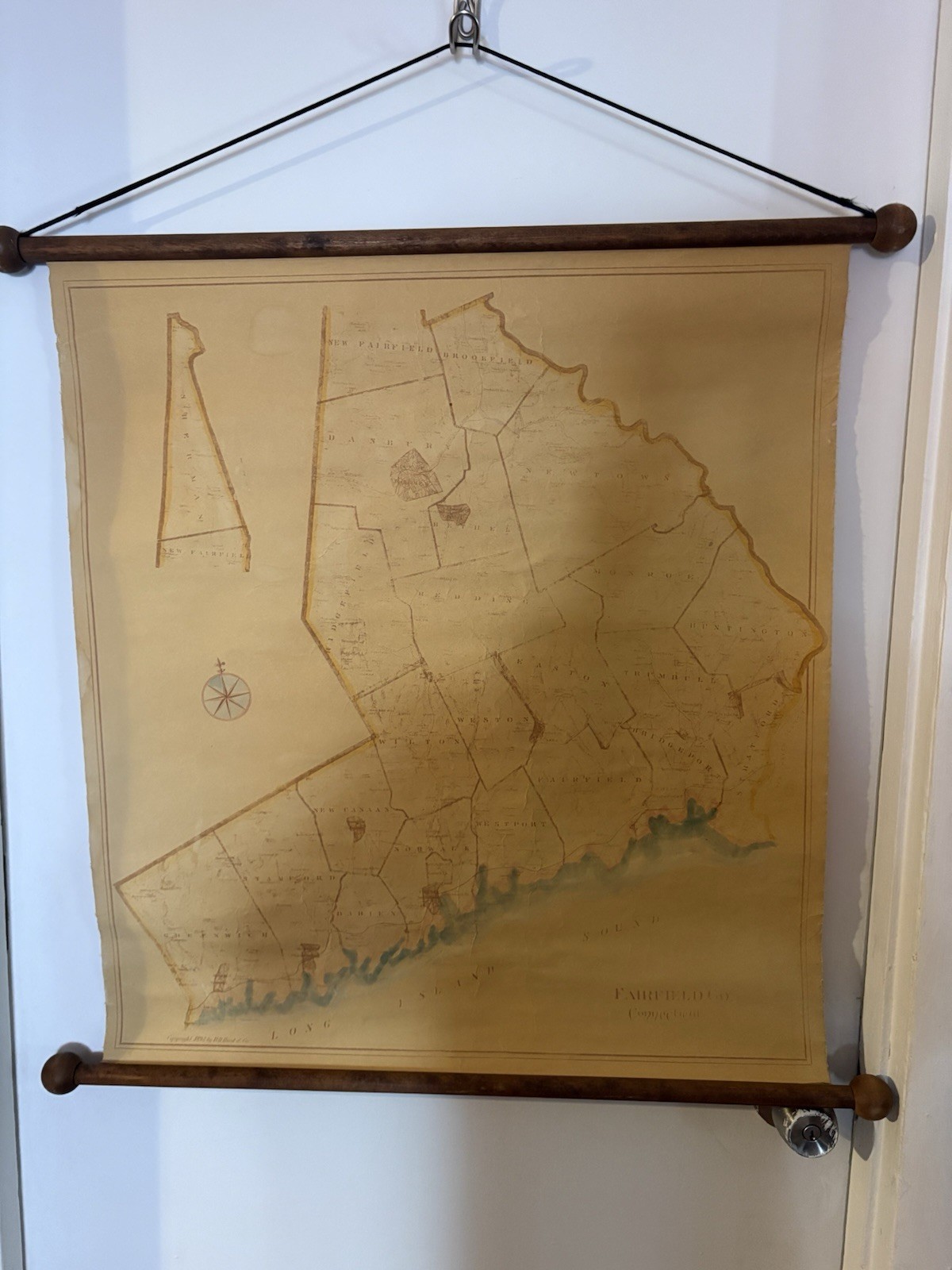 Antique 1893 Fairfield County Connecticut Map DH Hurd Vintage Canvas Pull Down