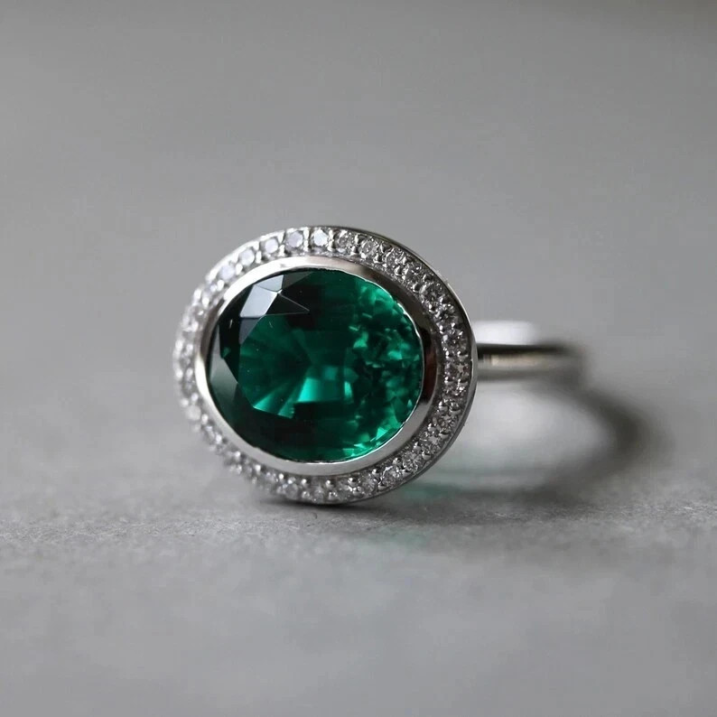5.70 Ct Oval  Cut Natural Emerald & Diamond Wedding Ring 14K White Gold