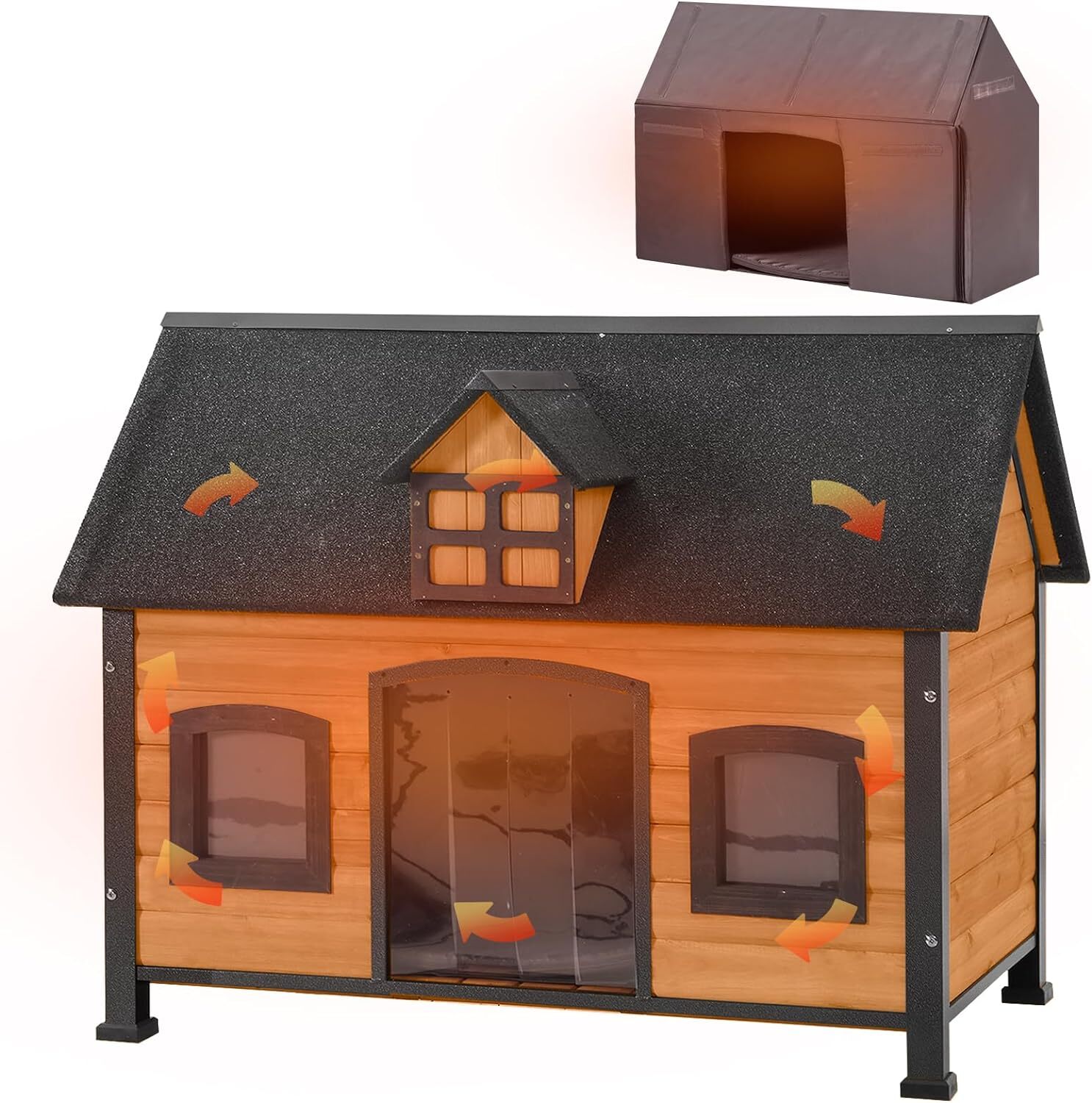 Aivituvin Large Dog House Wooden Dog Kennel with Unique Design Roof Weatherproof