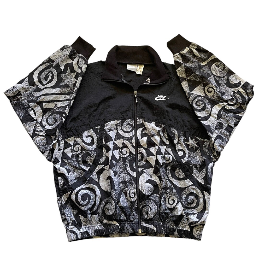 Vintage Nike Womens Medium Windbreaker Grey Tag 90s Y2K Geometric Stars Swirls