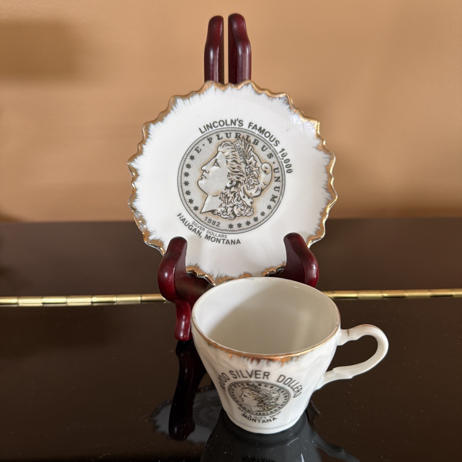 Vintage 10,000 Silver Dollars Bar Montana Souvenir Collector Mini Cup and Saucer Vintage 10,000 Silver Dollars Bar Montana Souvenir Collector Mini Cup and Saucer