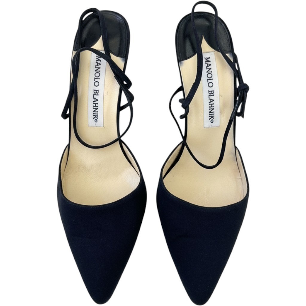 Manolo Blahnik Navy Blue Suede Pointed Toe Slingback Kitten Heels bow Stiletto