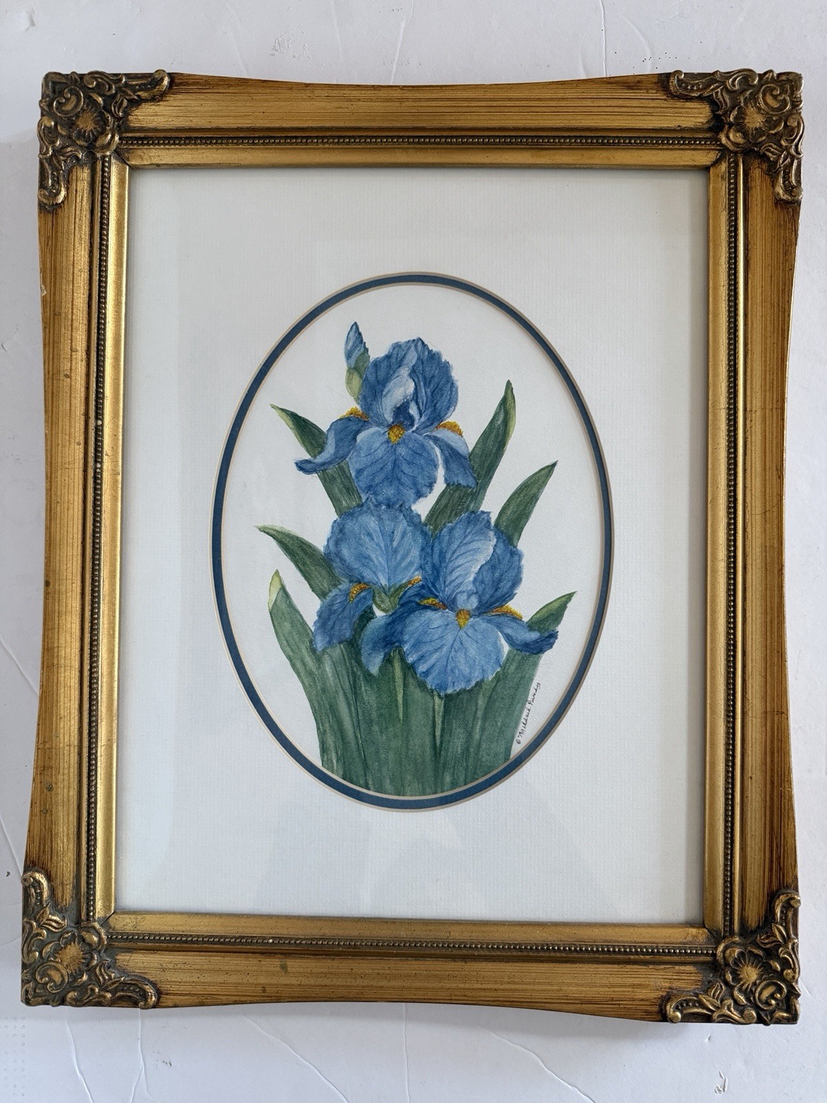 VTG Studio Original Watercolor Painting BIue Iris Irises Ornate Golden Frame Art