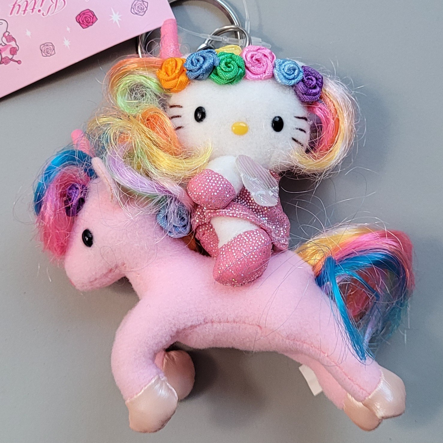 Rare 2001 Hello Kitty Wing Peace Unicorn Rainbow Rose Mascot Keychain Sanrio NWT