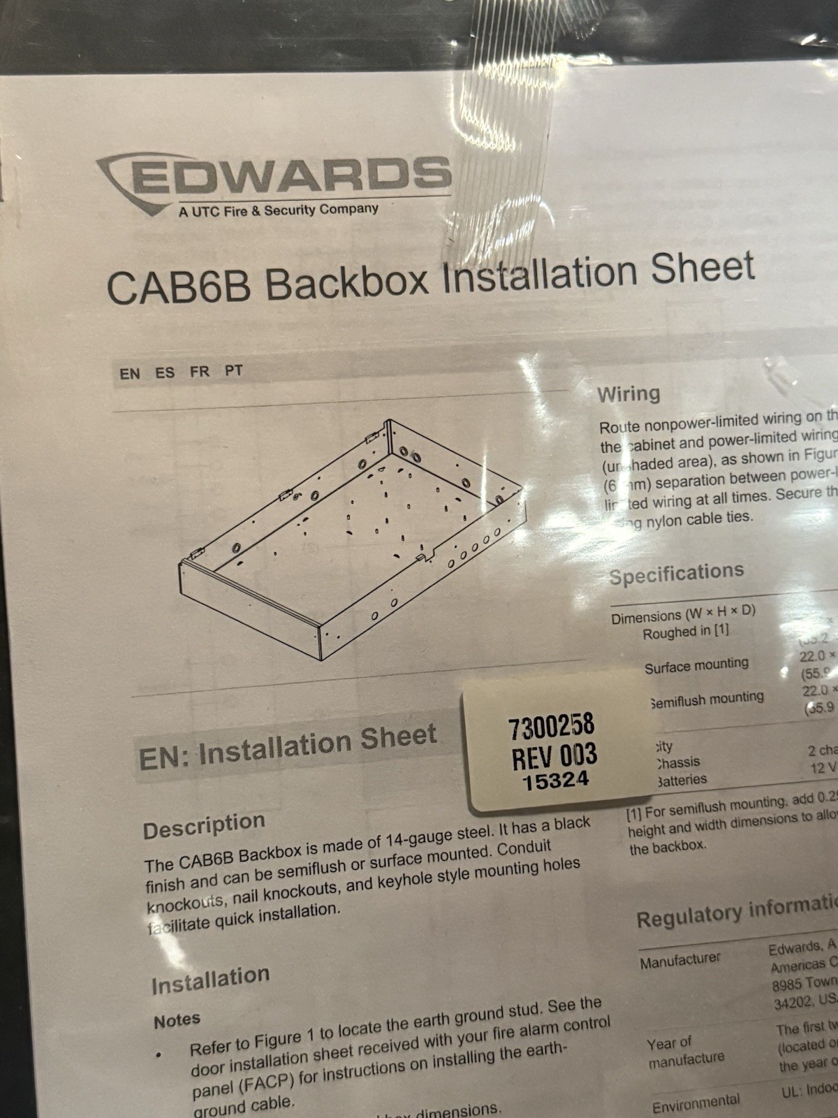 VIGILANT KIDDE SIEMENS EDWARDS CAB6 CAB6B PANEL BACK BOX BLACK
