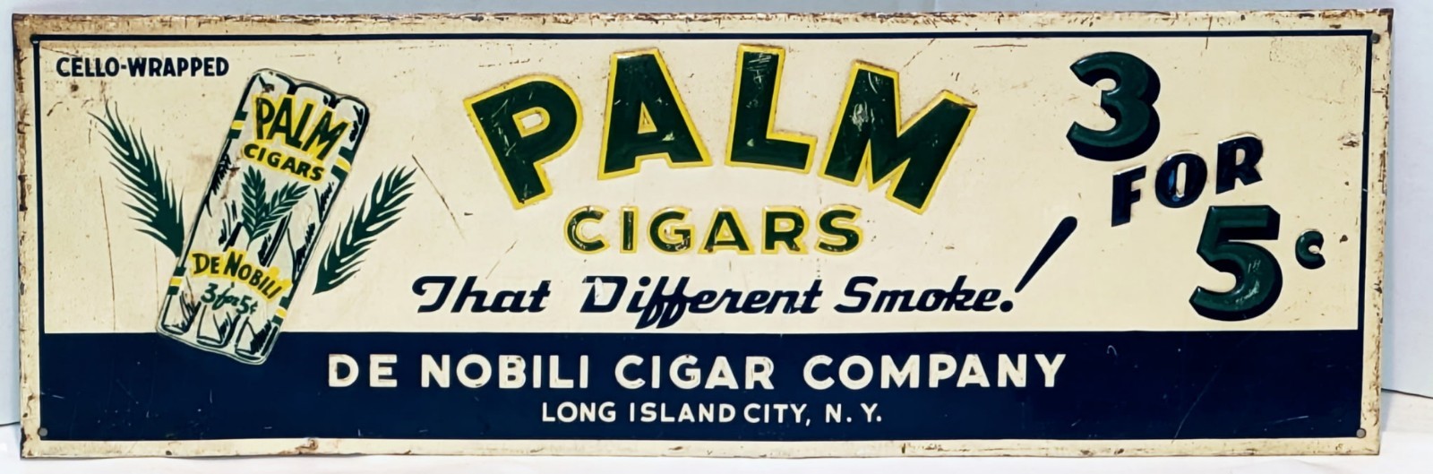 Vintage Tin Embossed Palm Cigars Sign Long Island City, N.Y. 19 1/8