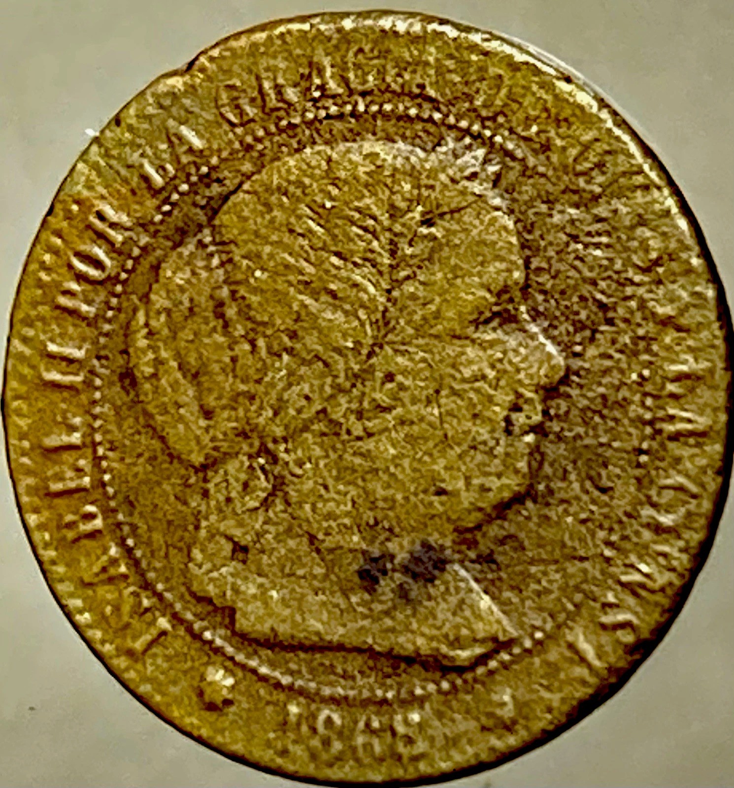 1868 Spanish Coin Queen Isabella II 1/2 Half Escudo Centimo Scarcer Type Spain