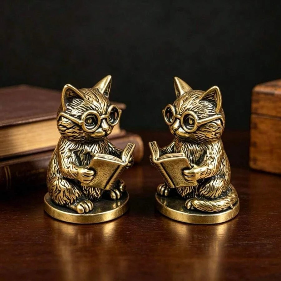 1pc Vintage Brass Cat Figurine Wearing Glasses Reading Cat Desk Decor Gift 1pc Vintage Brass Cat Figurine Wearing Glasses Reading Cat Desk Decor Gift