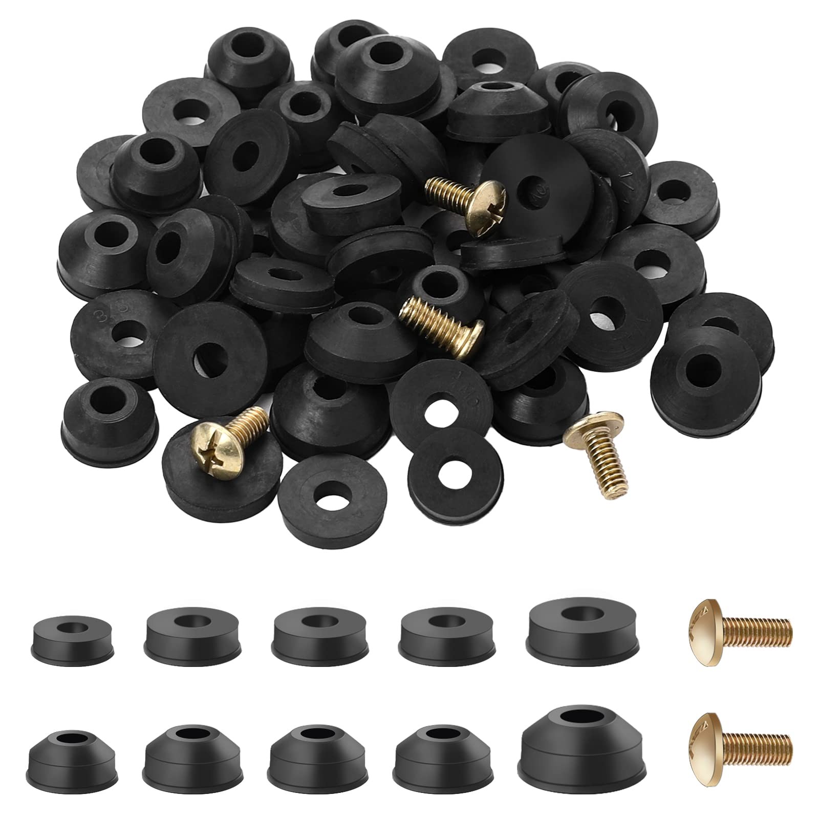 58 Pack Faucet Washer Assortment Kit - Flat and Beveled Rubber Black 58 Pack Faucet Washer Assortment Kit - Flat and Beveled Rubber Black