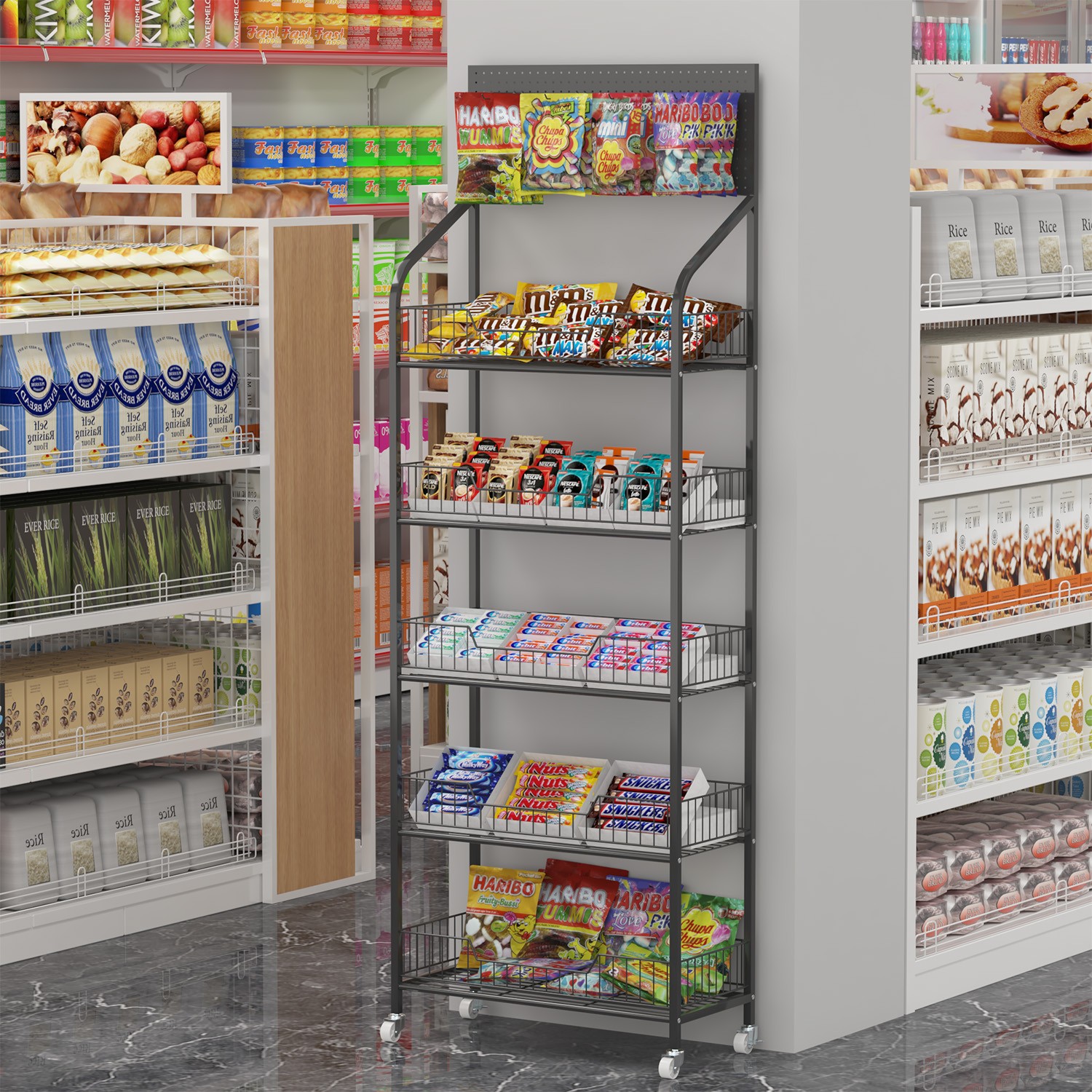 5 Tier Retail Display Rack, Metal Supermarket Snack Rack Organizer with Hooks