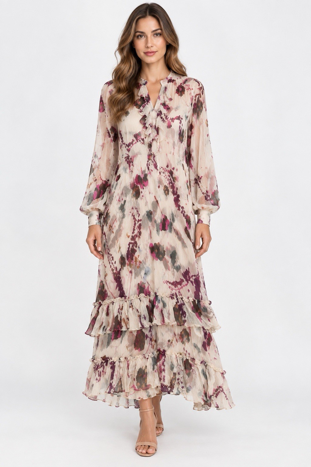 REISS ASTER WOMENS US 6 FLORAL RUFFLE MIDI MAXI DRESS CREAM SHEER
