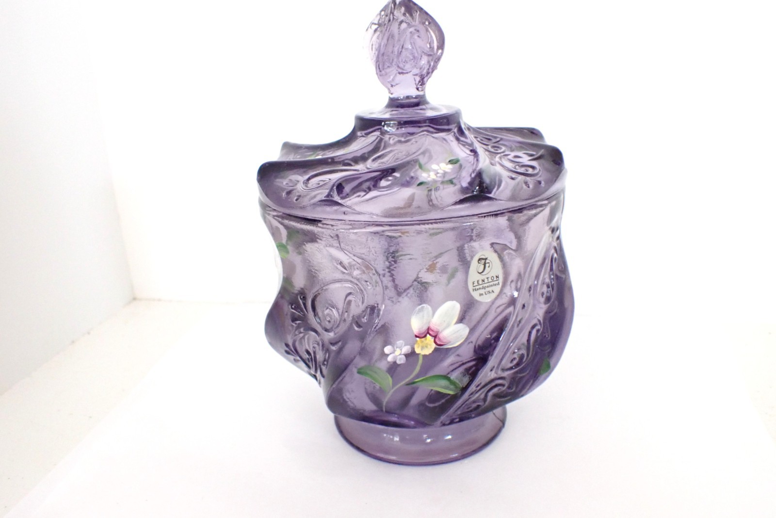 Vintage Fenton Paisley Swirl Candy Dish W/ Lid Purple Daisies H. Painted Signed