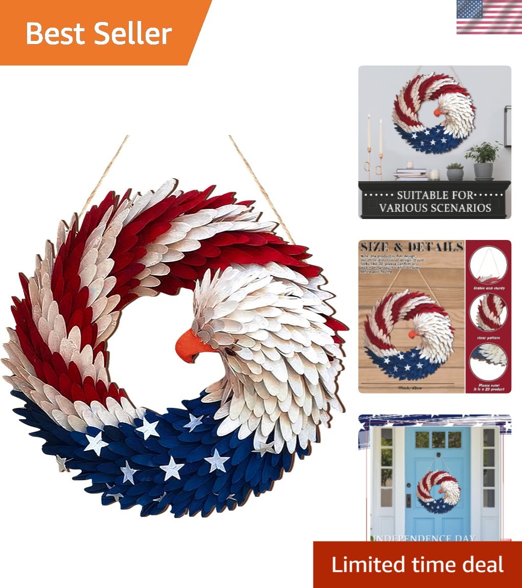 4th of July Large Eagle Wreath Door Sign - Timeless Patriotic Decor in Wood