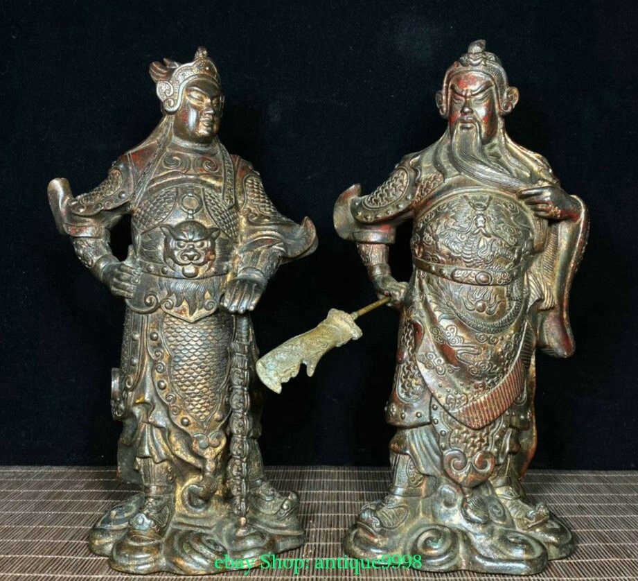 10\'\' Old Qing Qianlong Bronze Guan Gong Yu Yunchang Weituo Wei Tuo Statue Pair