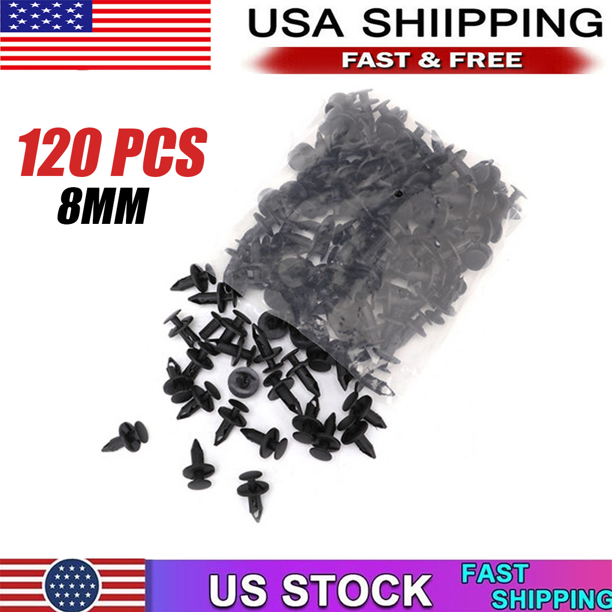 120PCS 8mm Bumper Clips Auto Car Hole Retainer Rivets Fastener Push Pin