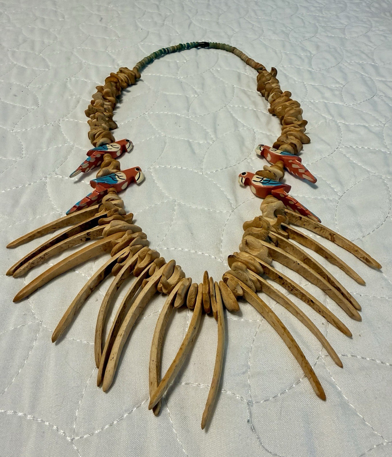 Vintage Uber Tropical Spiked Wood Necklace Accented w/ 4 Painted Parrots. 26” Vintage Uber Tropical Spiked Wood Necklace Accented w/ 4 Painted Parrots. 26”