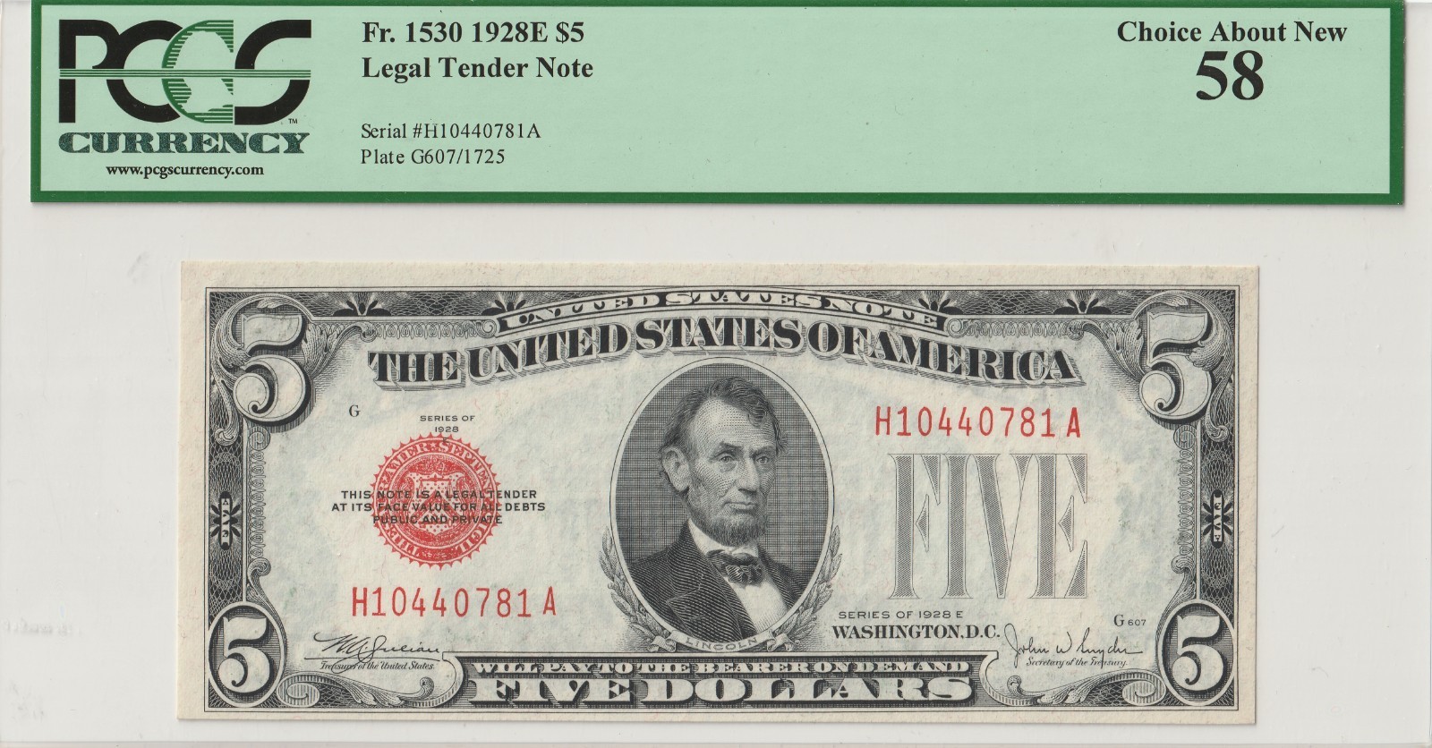 1928E $5 Legal Tender RED SEAL Fr 1530 PCGS 58 Choice AU Five Dollar Note