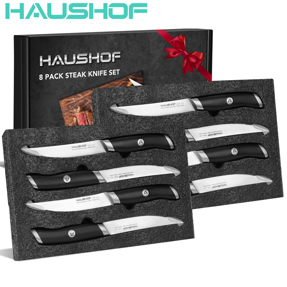 HAUSHOF 8PC Steak Knives Sets Stainless Steel Premium Serrated Steak Knife w/Box