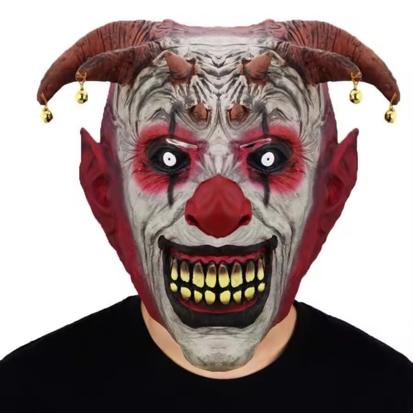 Scary Evil Demon Clown Mask Latex Horned Jester Halloween Costume Cosplay