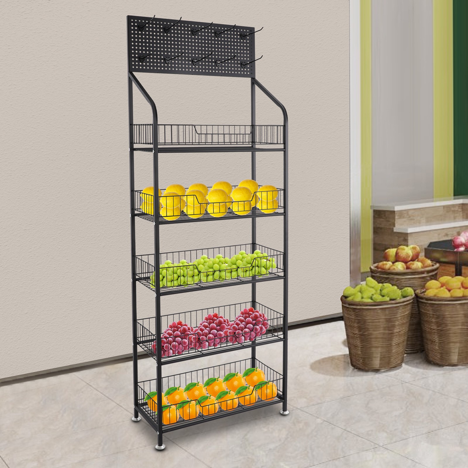 5-Tier Retail Display Rack with 10 Hooks - Black Iron Free Standing 5-Tier Retail Display Rack with 10 Hooks - Black Iron Free Standing