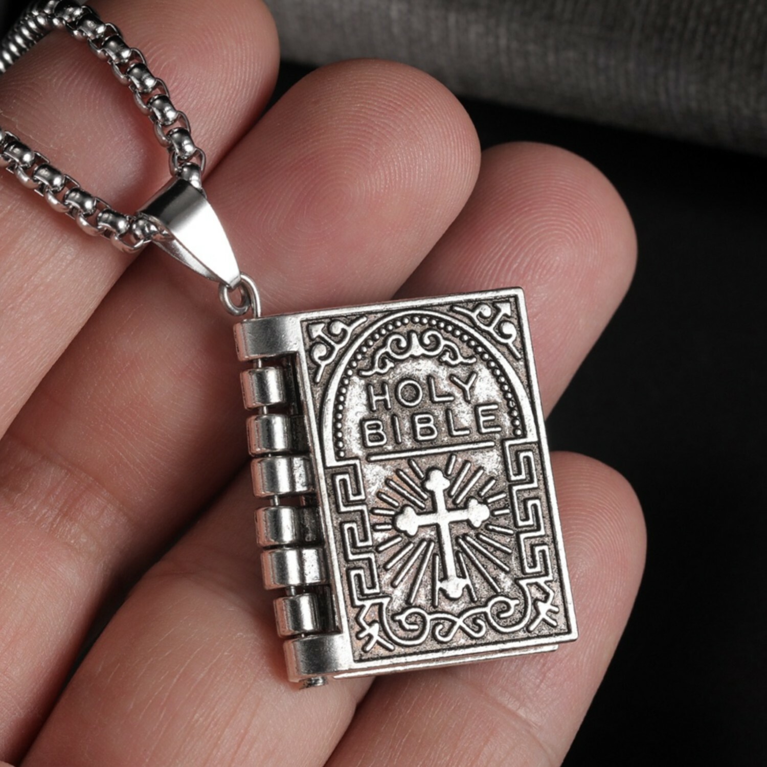 Men Silver Cross Bible Book Pendant Necklace Chain Christian Jewelry Gift Men Silver Cross Bible Book Pendant Necklace Chain Christian Jewelry Gift