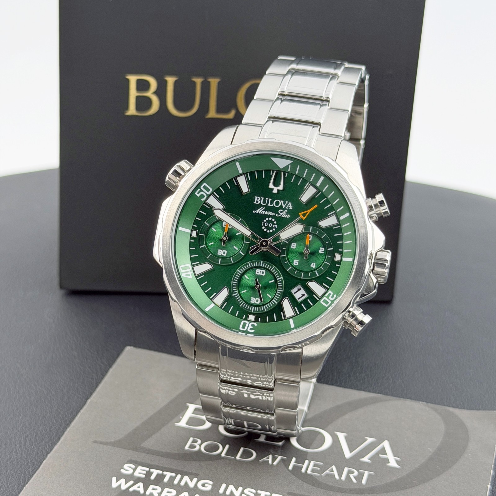 Men\'s Bulova Marine Star Green Dial Chronograph 96B396 Quartz New Watch 43mm