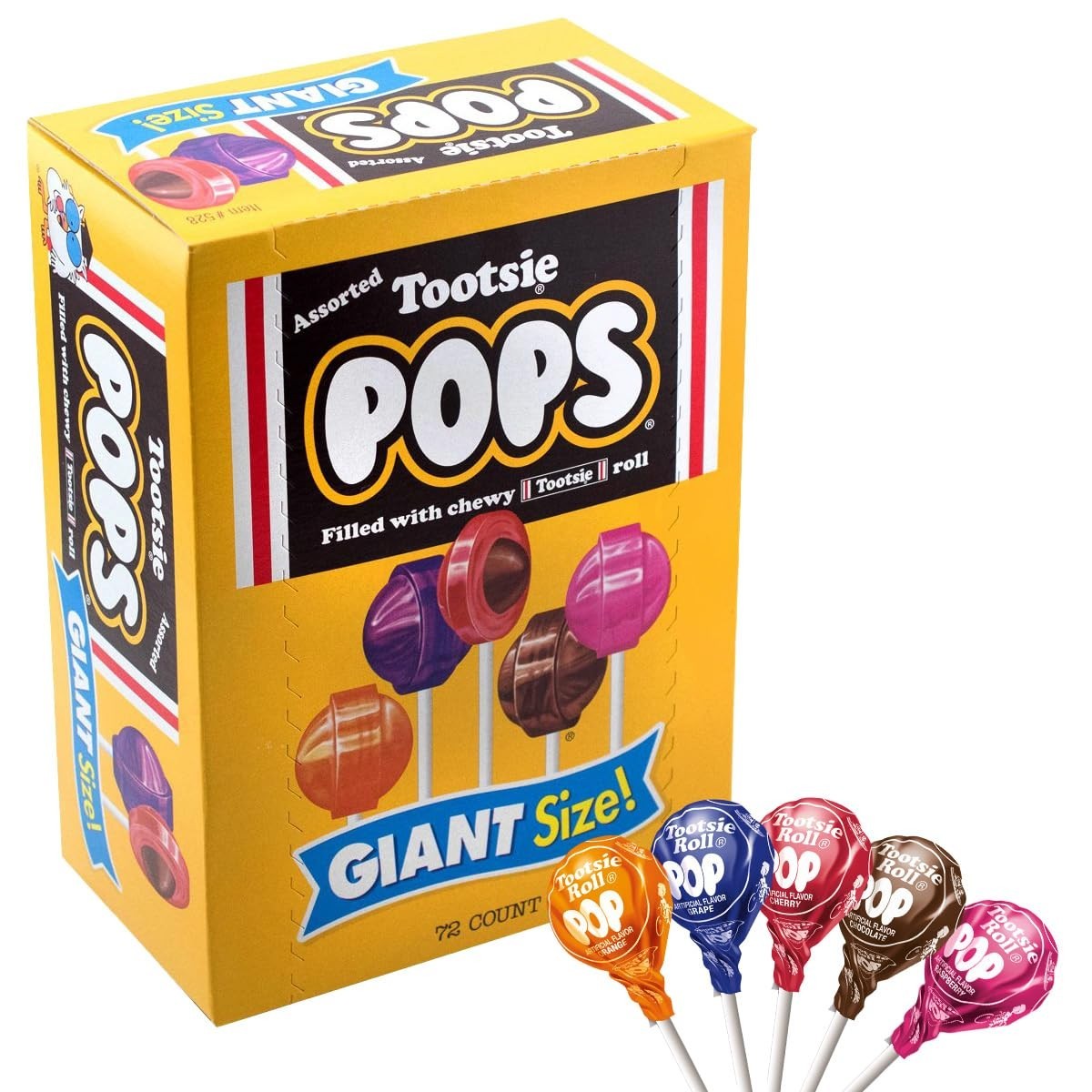 Giant Tootsie Pops Assorted Flavors, 72 Count - Bulk Candy for Parties & Events