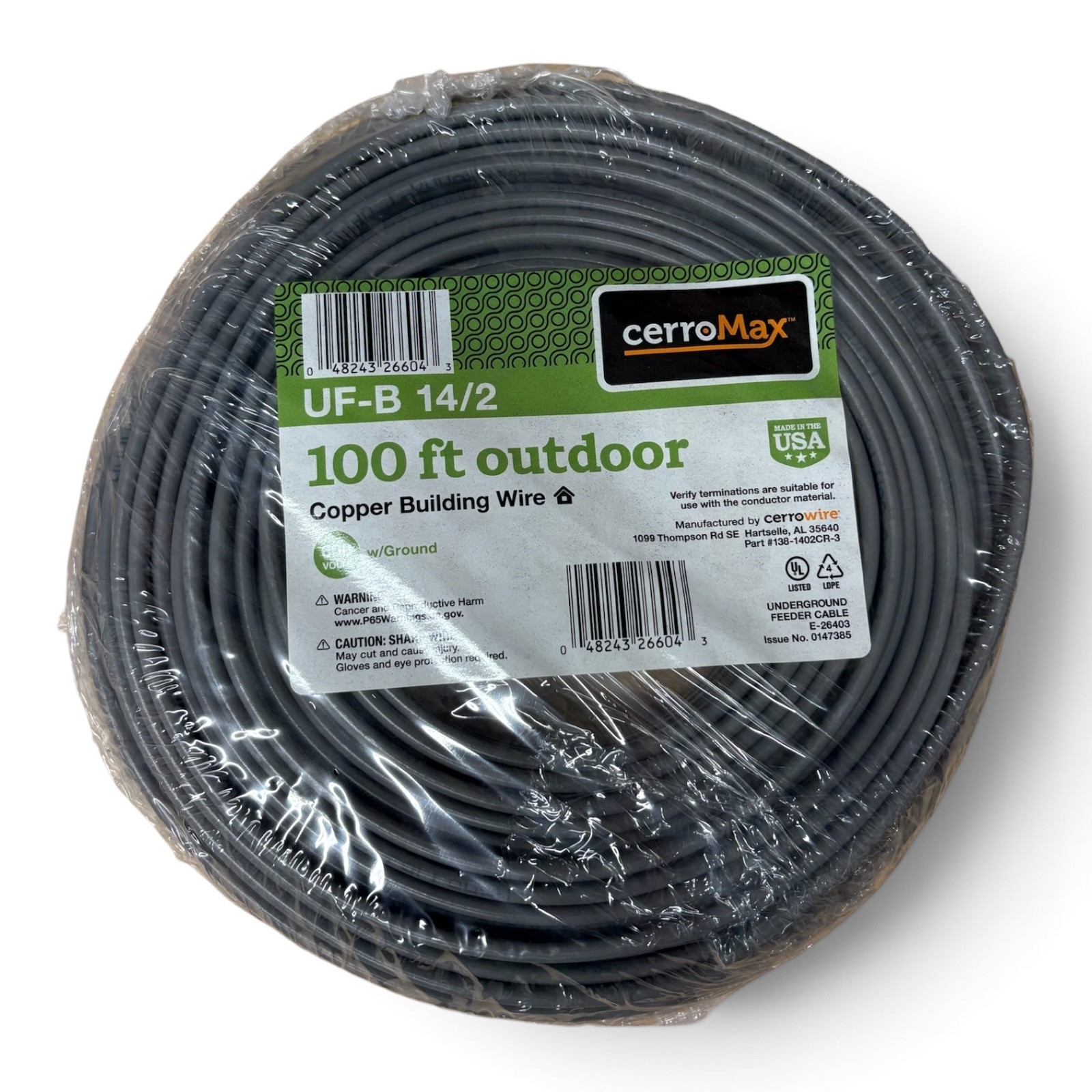 Cerrowire 100 ft. 14/2 Gray Solid CerroMax Copper UF-B Cable with Ground Wire