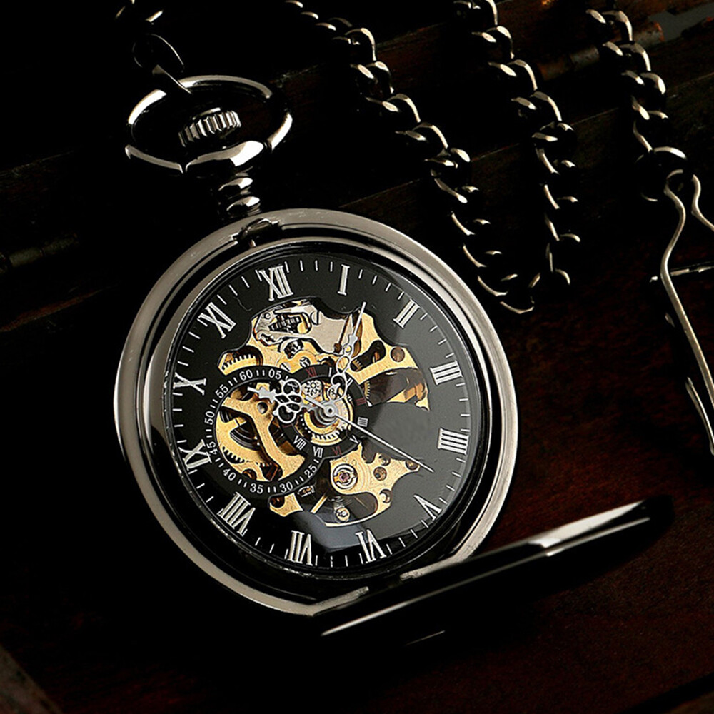 Mens Antique Black Steampunk Hollow Gear Hand-Winding Mechanical Pocket Watches