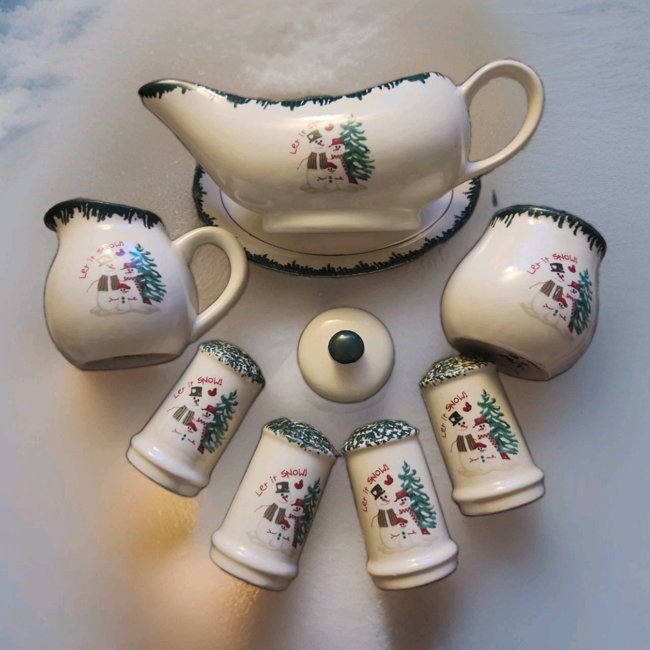 VTG Atico Let It Snow Christmas Snowman Serving Set Gravy Boat Sugar Creamer S&P VTG Atico Let It Snow Christmas Snowman Serving Set Gravy Boat Sugar Creamer S&P