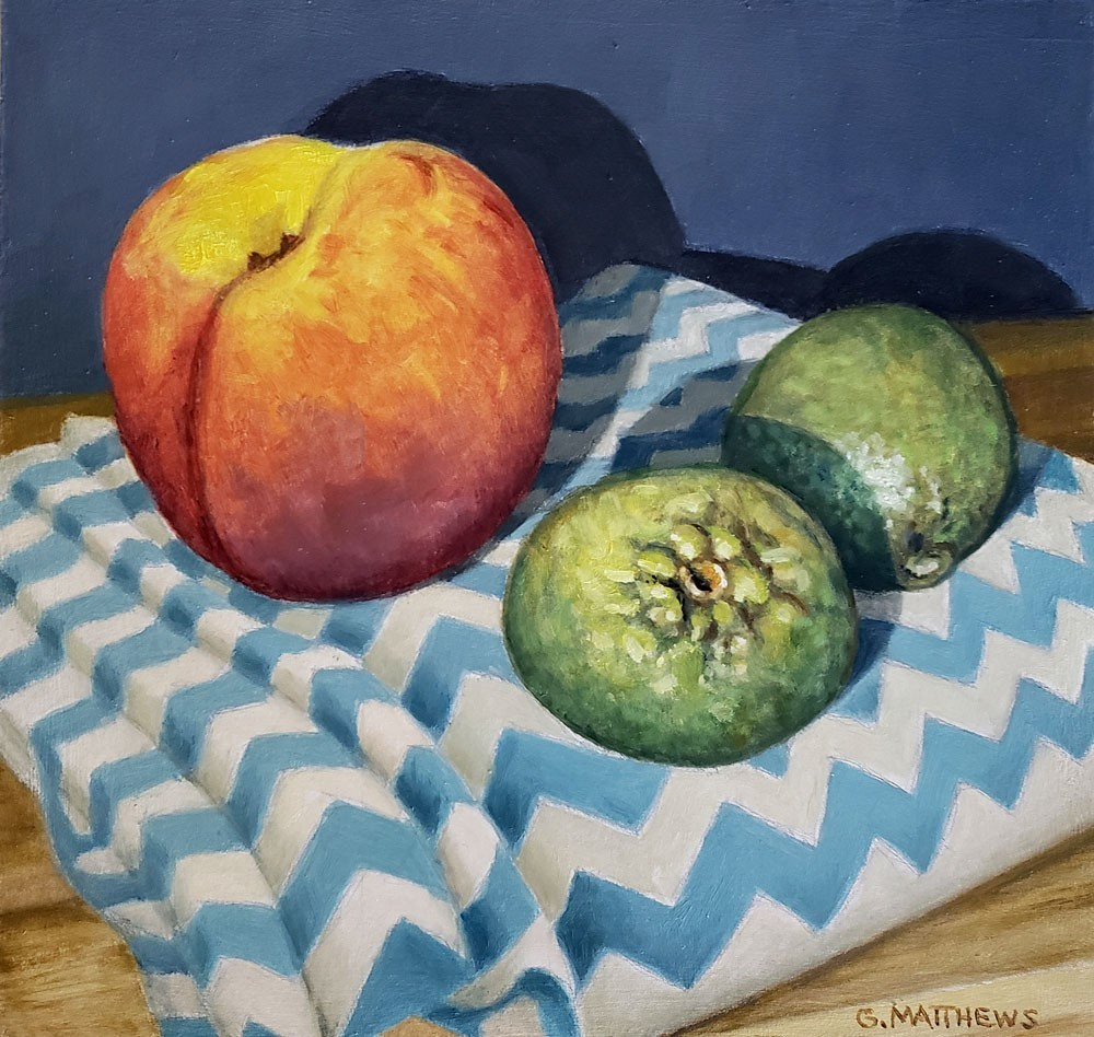 Original Oil Painting Nectarine & Limes on Decorated Cloth still Life  6 x 6 NEW