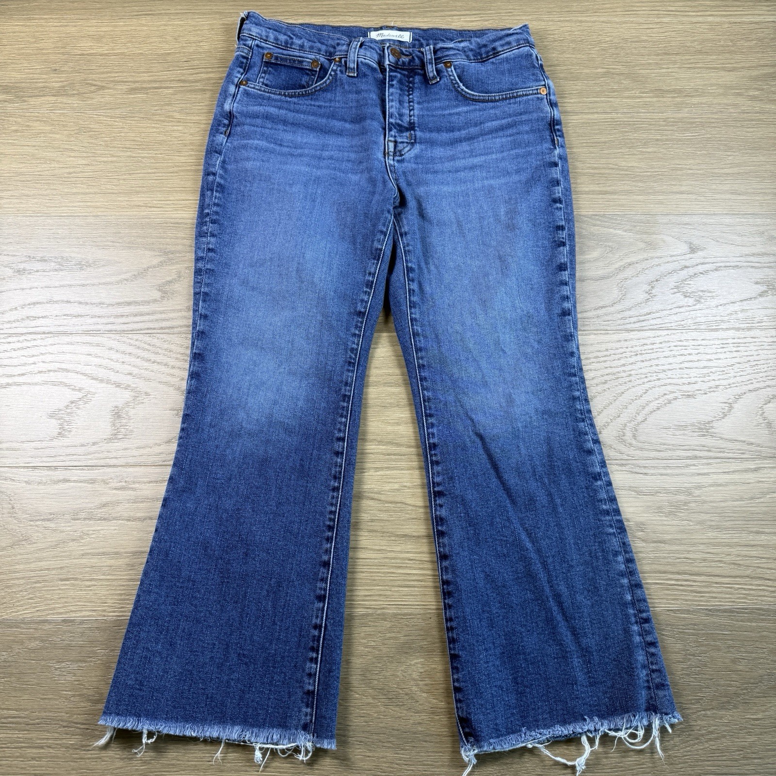 Madewell Jeans Women 29P Mid Rise Kick Out Wide Leg Cropped Raw Hem Blue