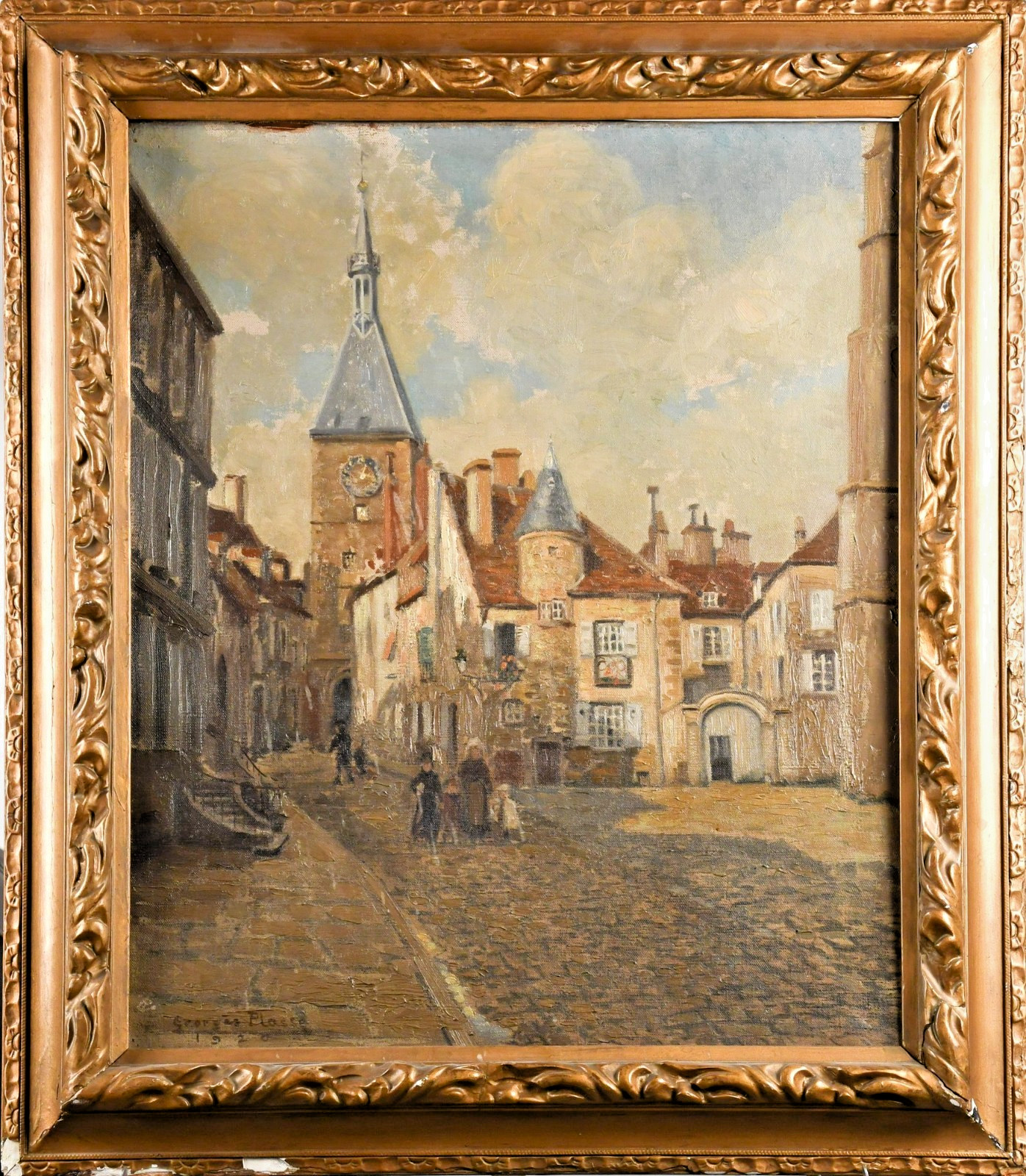 Georges Plasse 1920 Oil Painting French Town Center Impressionist Canvas Framed