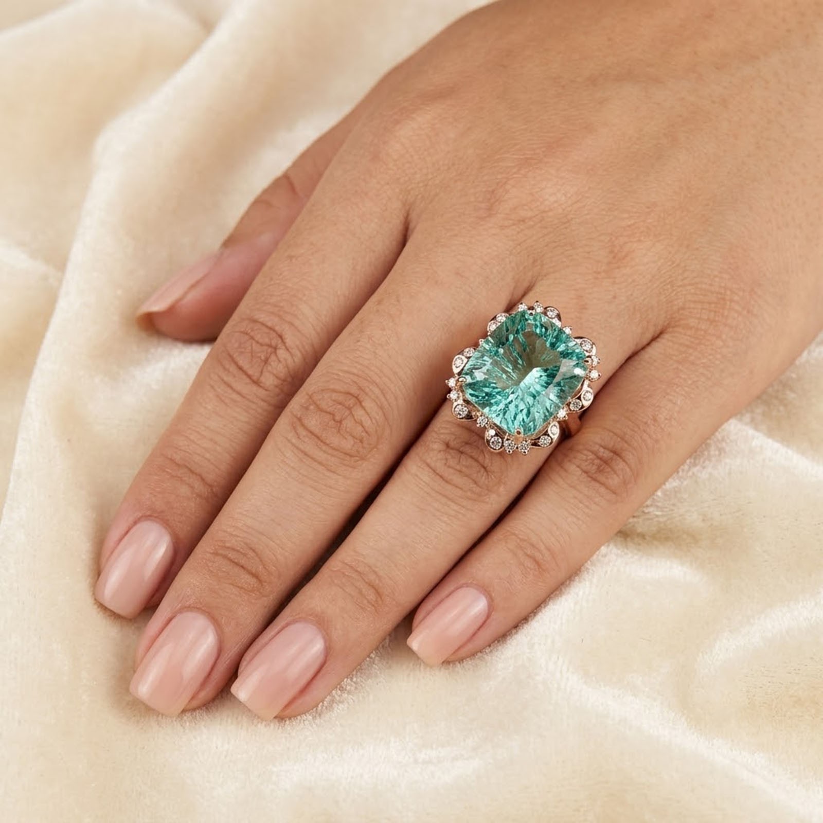 Estate Mint Green Tourmaline Concave 28.80Ct 925 Sterling Silver Rose Gold Rings