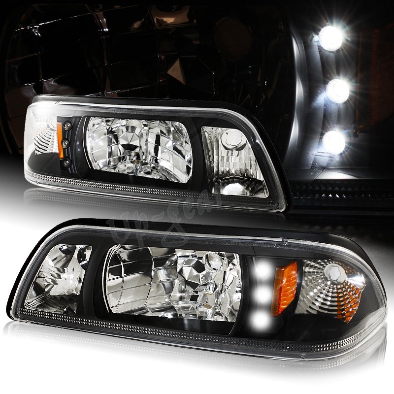 For 87-93 Ford Mustang 1-Piece Black Housing Headlights W/Amber Reflector Lamps