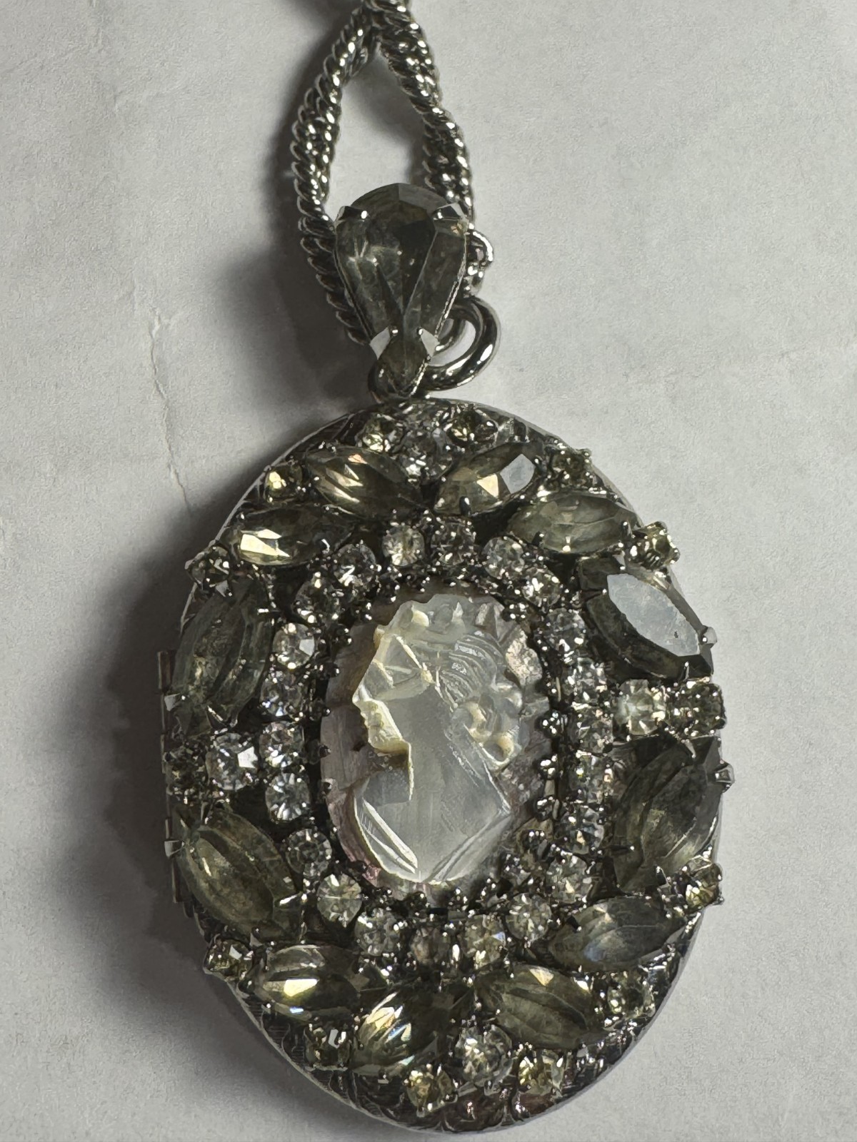 Vintage Signed Hobé Cameo Necklace – Rhinestones, Ornate Floral Metalwork Vintage Signed Hobé Cameo Necklace – Rhinestones, Ornate Floral Metalwork