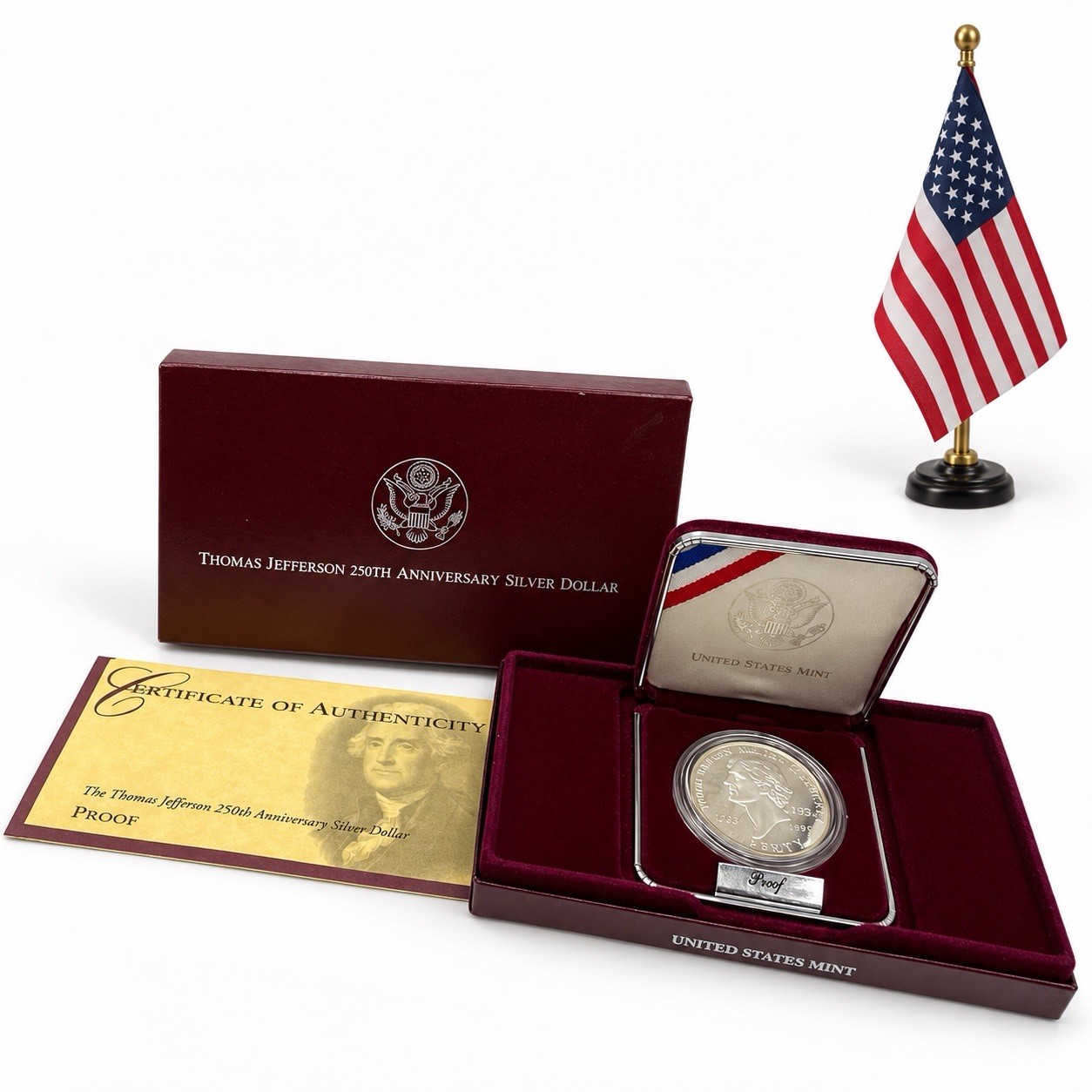 1993-S Thomas Jefferson 250th Anniversary Proof Silver Dollar Coin w/ OGP COA