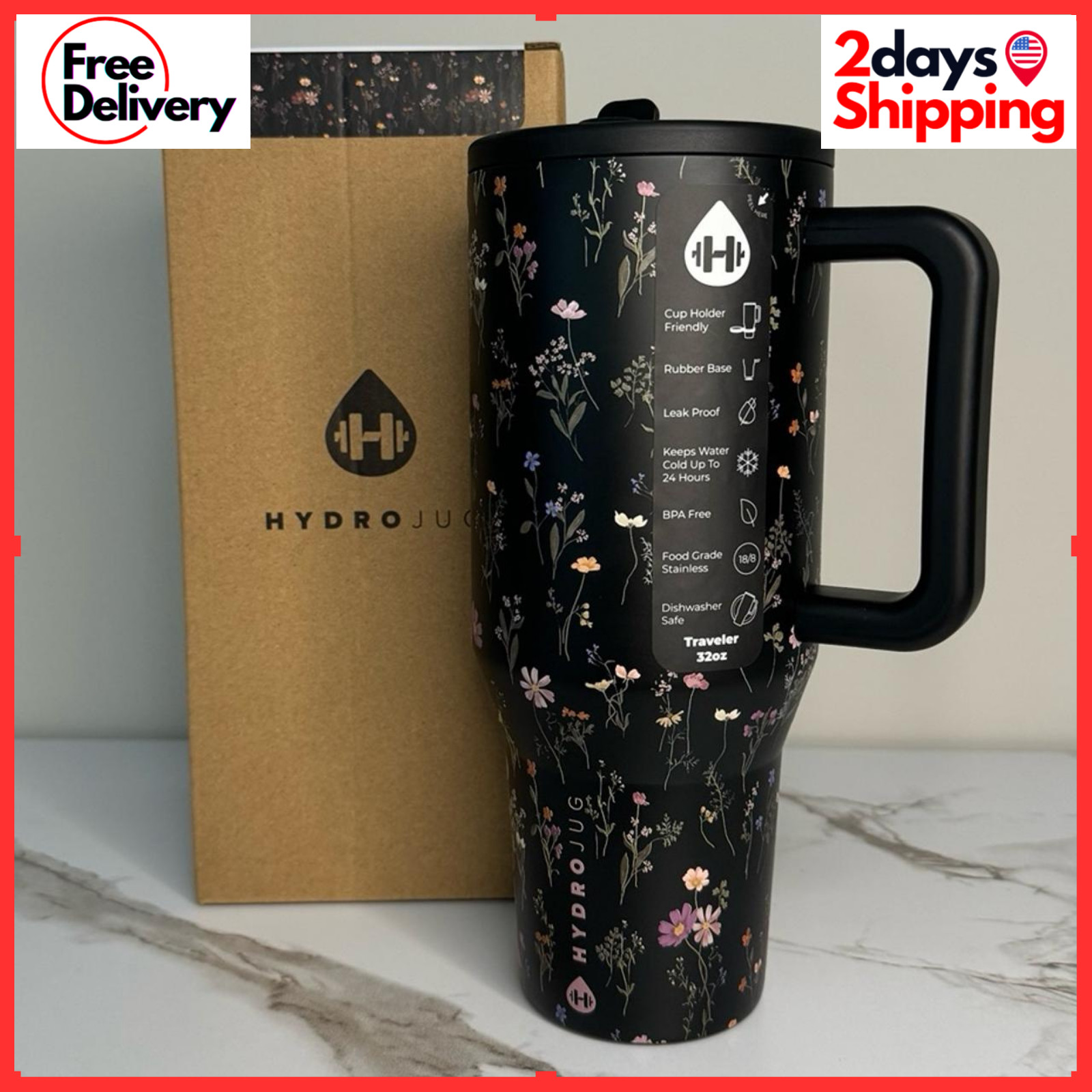 HydroJug 40 oz Traveler Tumbler Midnight Floral Black Stainless Steel Flip Straw