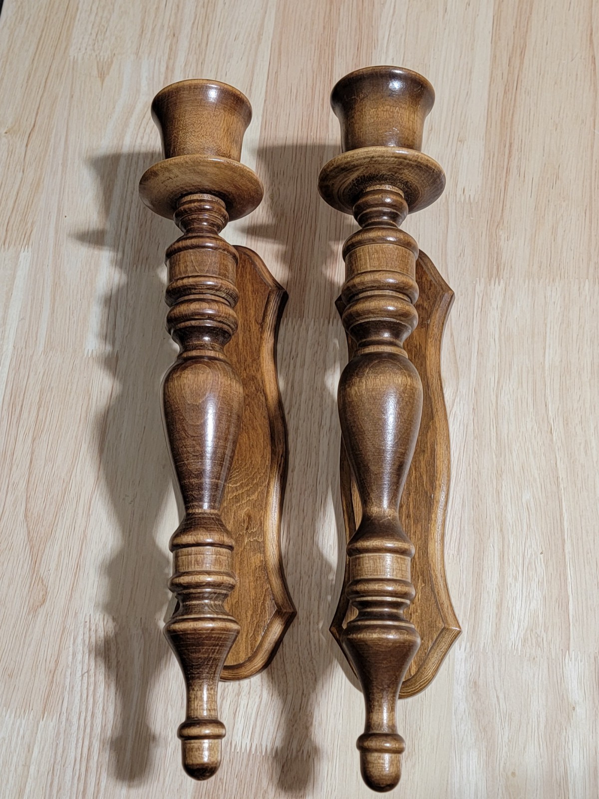 Vtg MCM Pair Wooden Candle Holder Wall Sconces Lathe Turned  16\