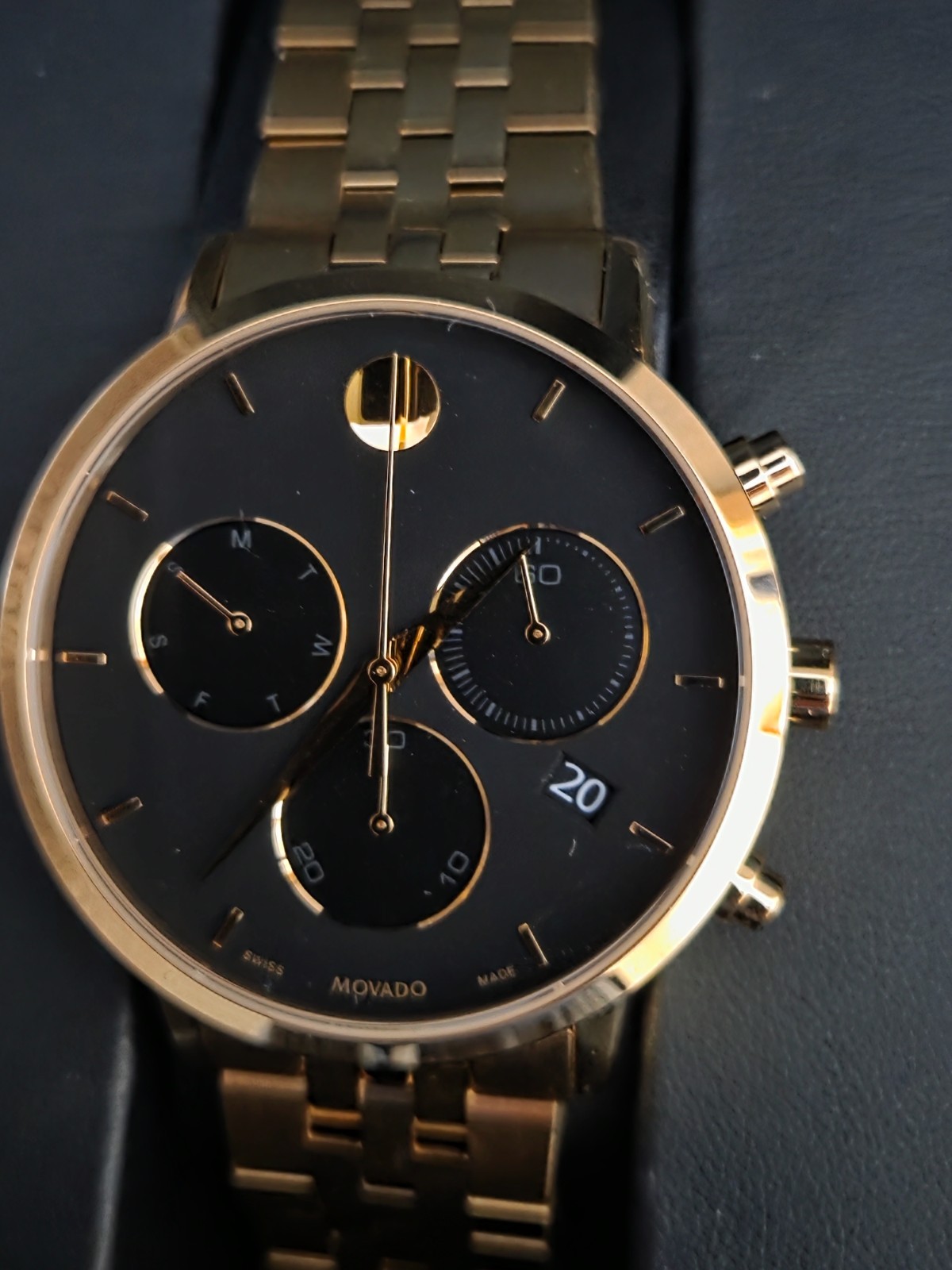 Movado Museum Classic Chronograph 0607810 Black Dial Gold PVD 42mm Men\'s Watch